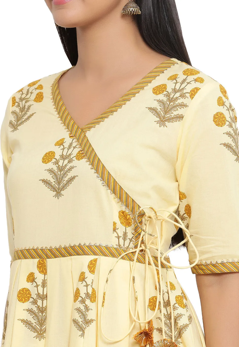 Printed Cotton Anarkali Kurta in Light Yellow