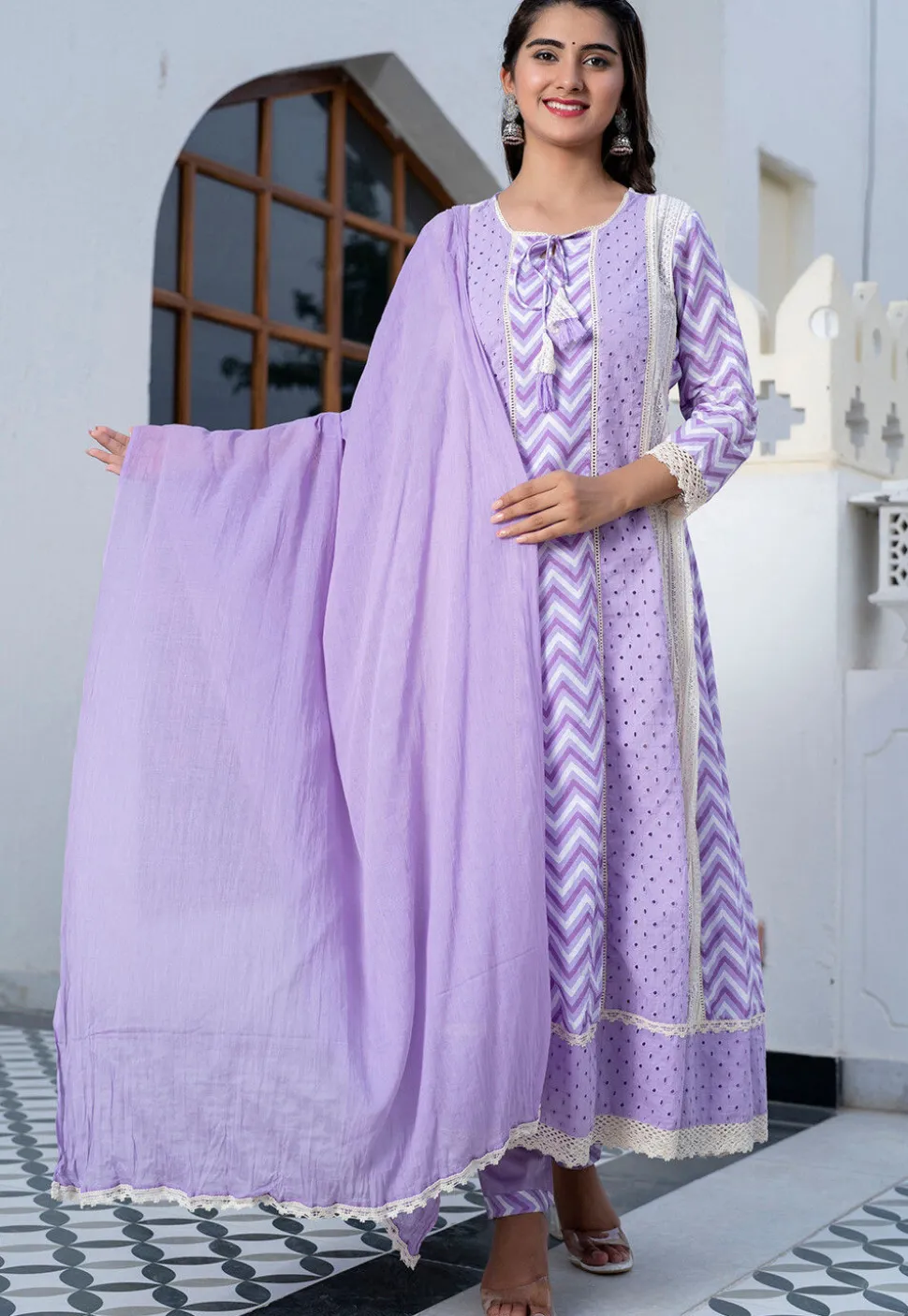 Printed Cotton Anarkali Suit in Light Purple