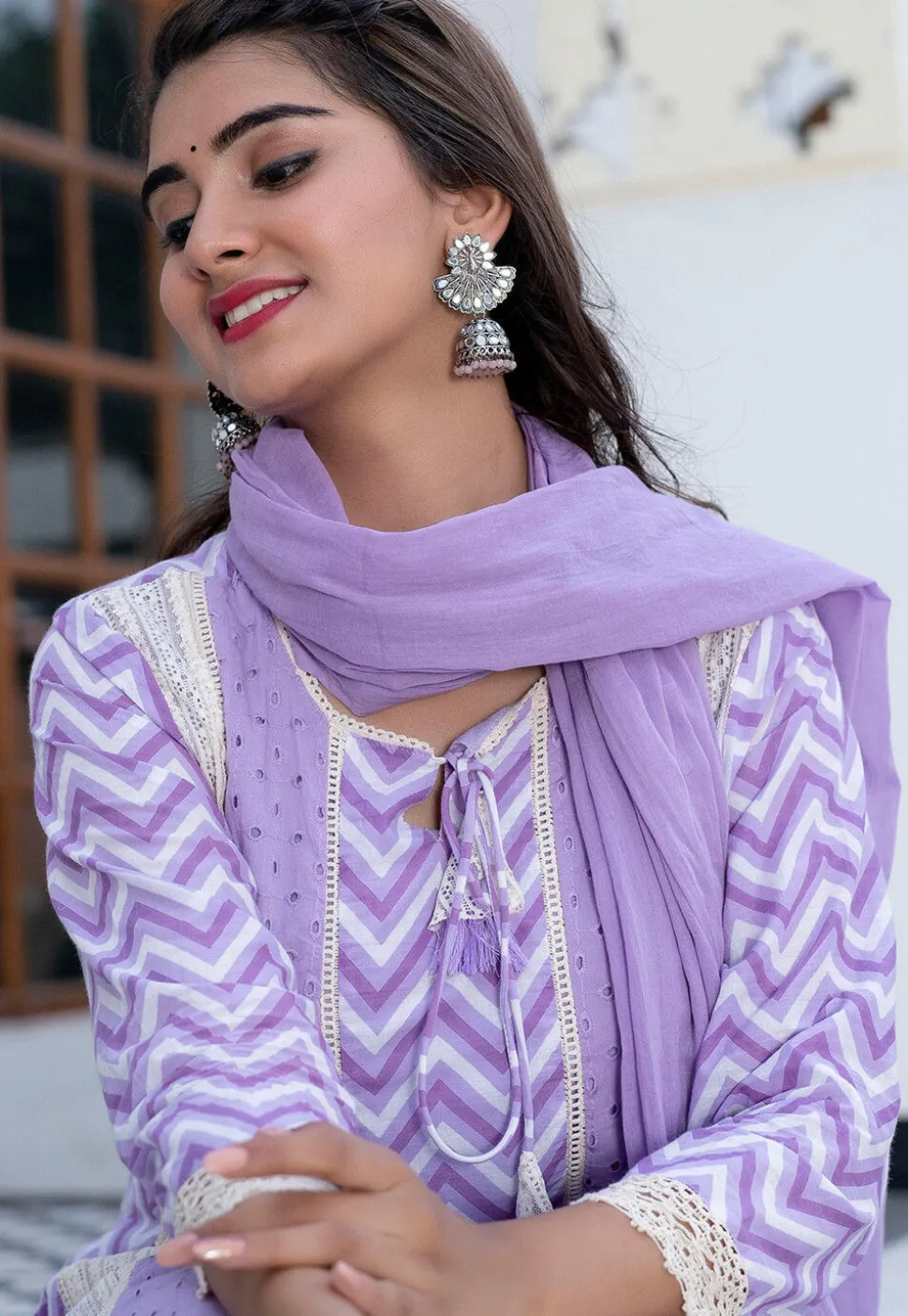 Printed Cotton Anarkali Suit in Light Purple