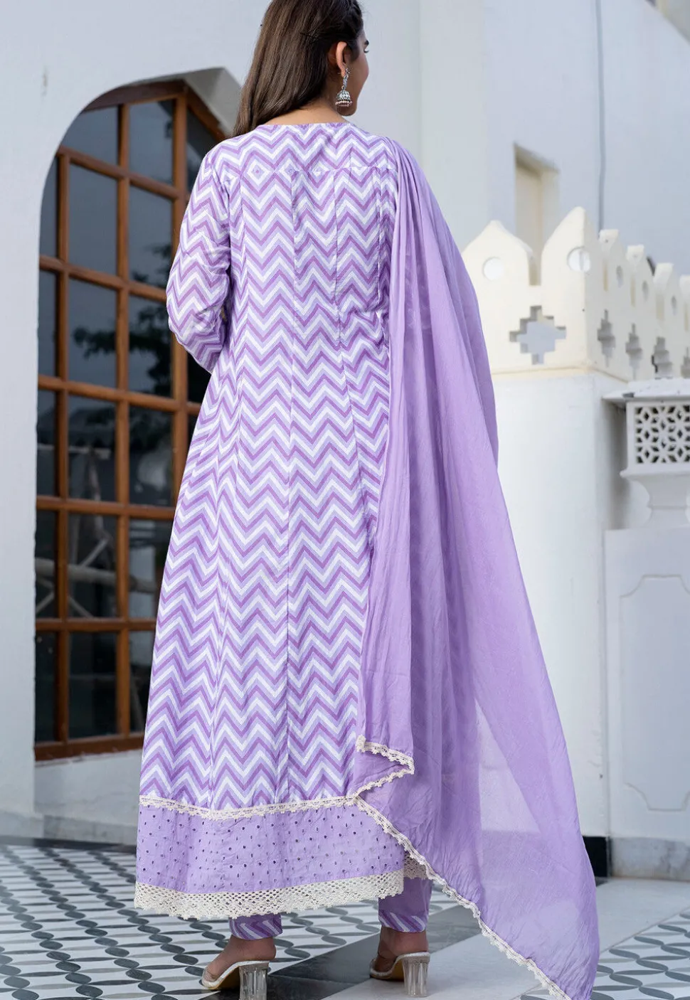 Printed Cotton Anarkali Suit in Light Purple