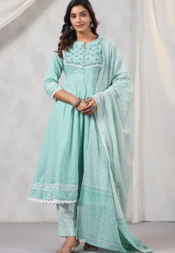 Printed Cotton Anarkali Suit in Sea Green