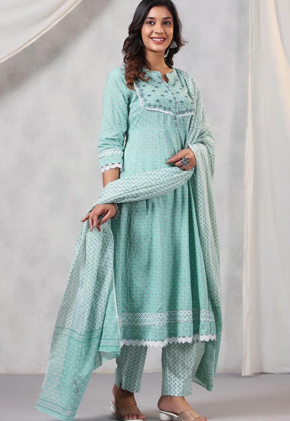 Printed Cotton Anarkali Suit in Sea Green