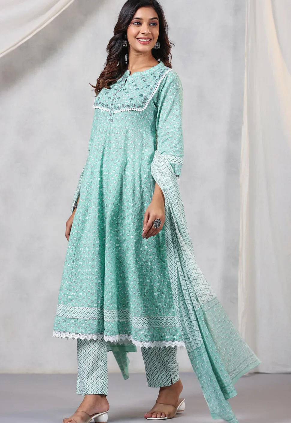 Printed Cotton Anarkali Suit in Sea Green