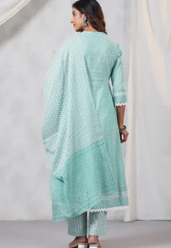Printed Cotton Anarkali Suit in Sea Green