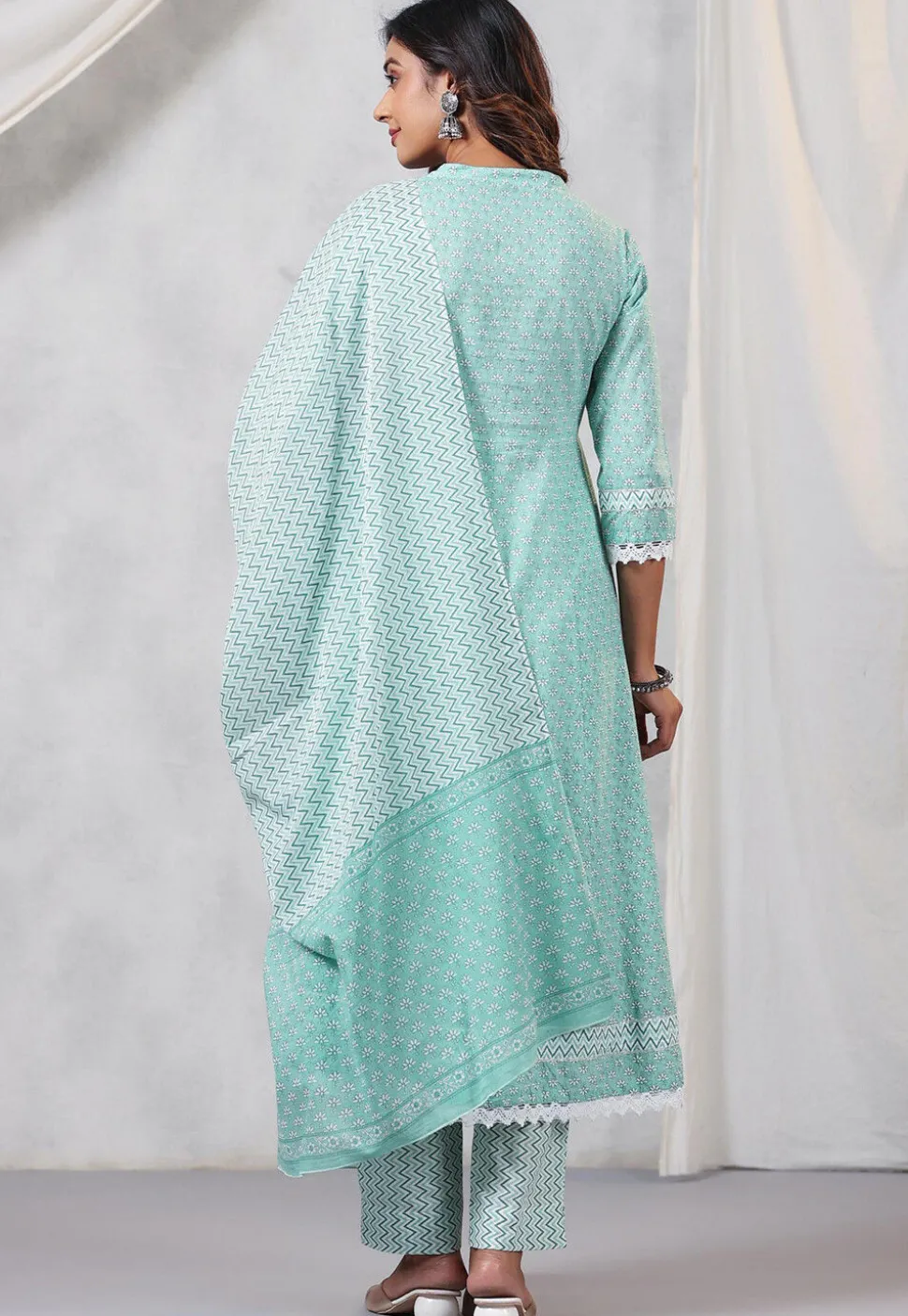 Printed Cotton Anarkali Suit in Sea Green