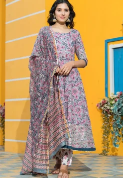Printed Cotton Anarkali Suit in Grey and Pink