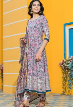 Printed Cotton Anarkali Suit in Grey and Pink