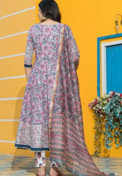 Printed Cotton Anarkali Suit in Grey and Pink