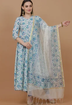 Printed Cotton Anarkali Suit in Off White