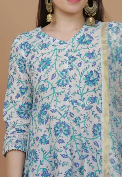 Printed Cotton Anarkali Suit in Off White