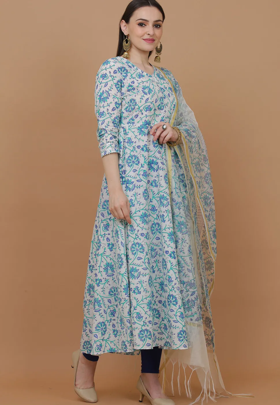 Printed Cotton Anarkali Suit in Off White