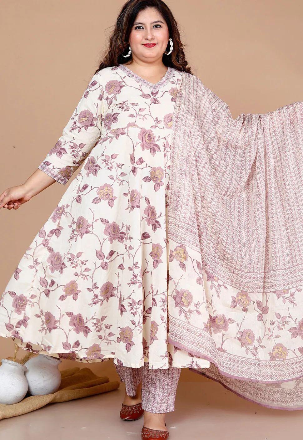 Printed Cotton Anarkali Suit in Off White