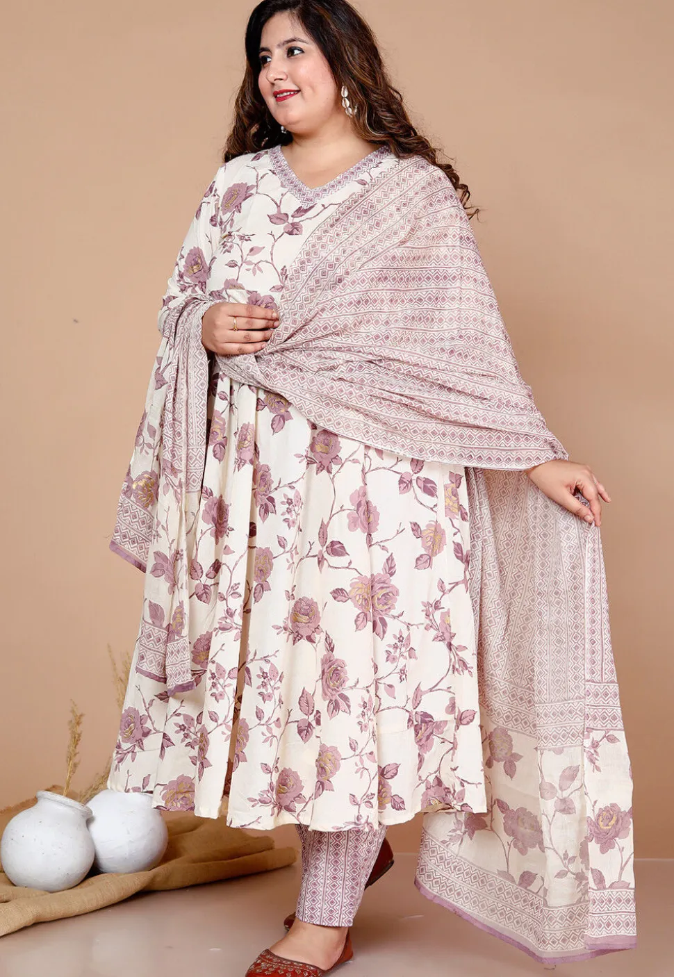 Printed Cotton Anarkali Suit in Off White