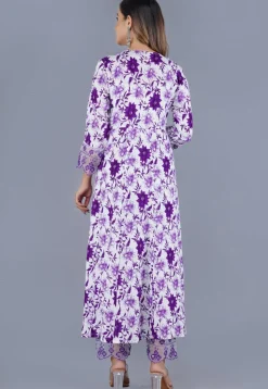 Printed Cotton Anarkali Suit in Off White and Purple
