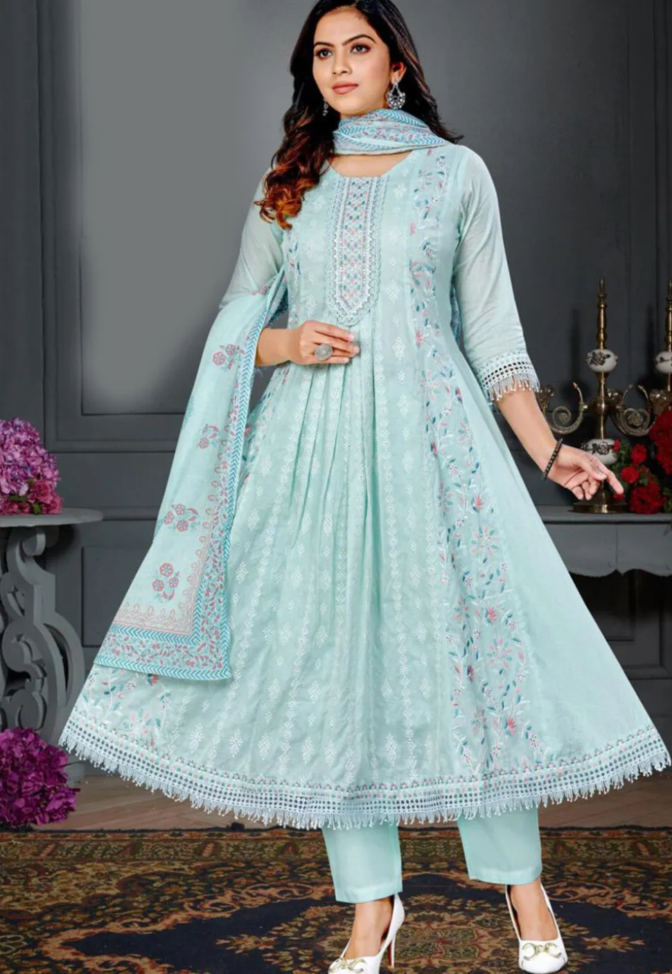 Printed Cotton Anarkali Suit in Sea Green