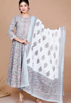 Printed Cotton Anarkali Suit in Blue