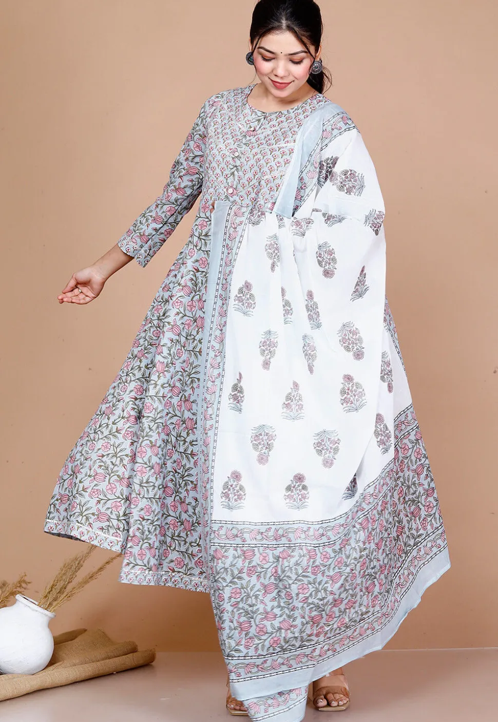 Printed Cotton Anarkali Suit in Blue