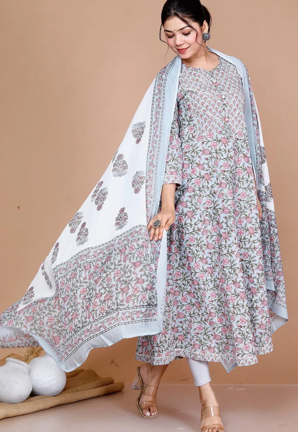 Printed Cotton Anarkali Suit in Blue