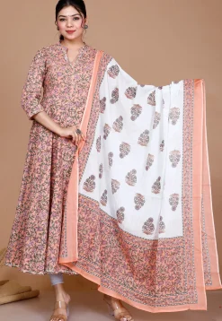 Printed Cotton Anarkali Suit in Peach