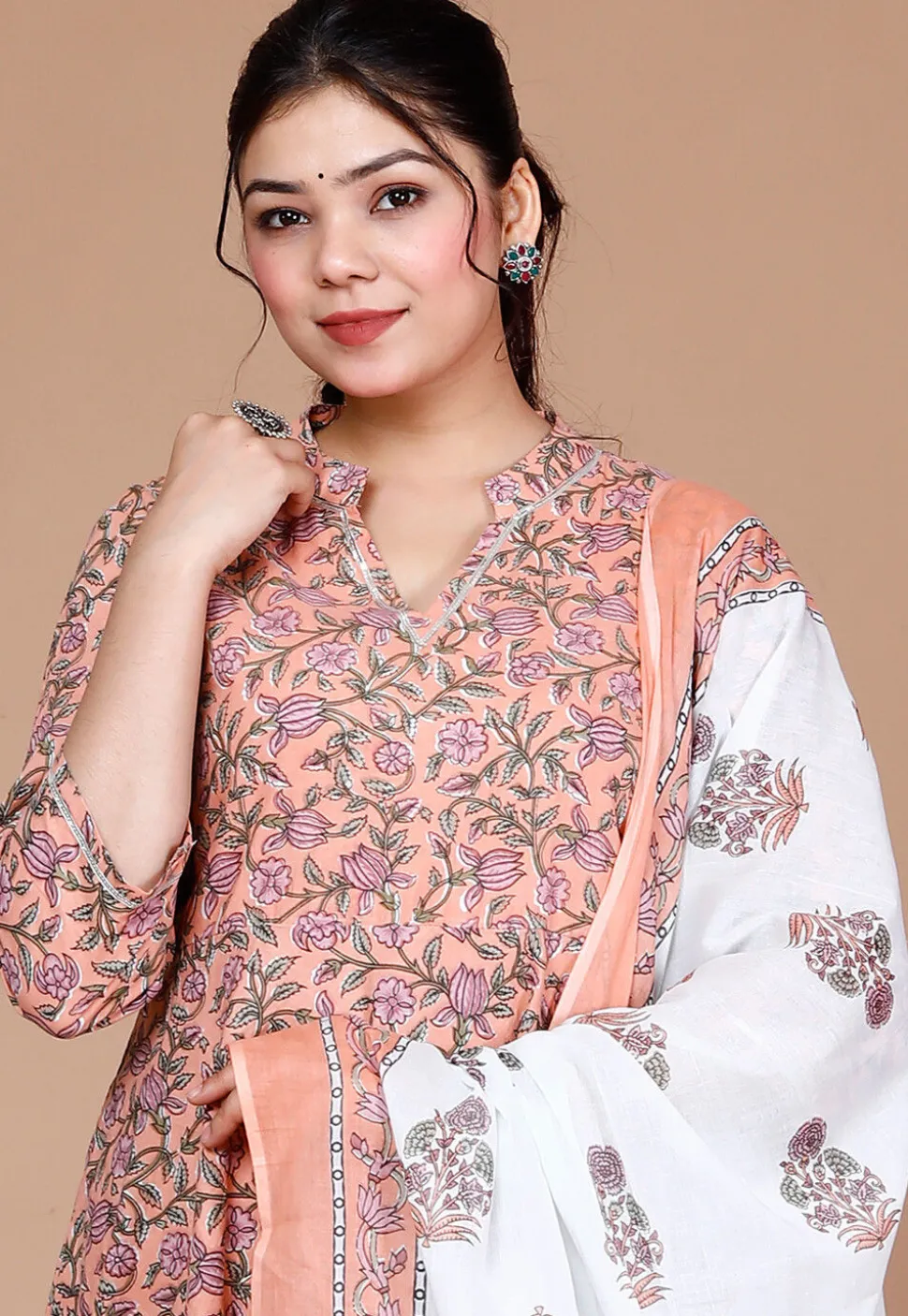 Printed Cotton Anarkali Suit in Peach