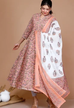 Printed Cotton Anarkali Suit in Peach