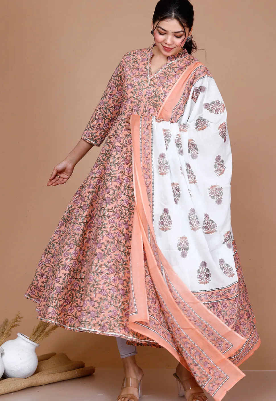 Printed Cotton Anarkali Suit in Peach