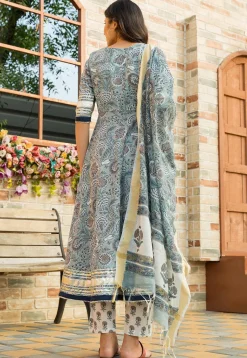 Printed Cotton Anarkali Suit in Light Grey