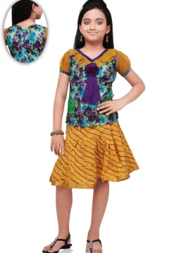 Printed Cotton and Dupion Silk Skirt Top in Purple and Mustard