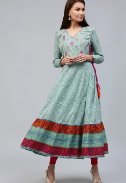 Printed Cotton Angrakha Style Anarkali Kurta in Light Blue