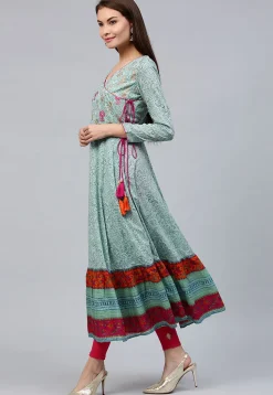 Printed Cotton Angrakha Style Anarkali Kurta in Light Blue