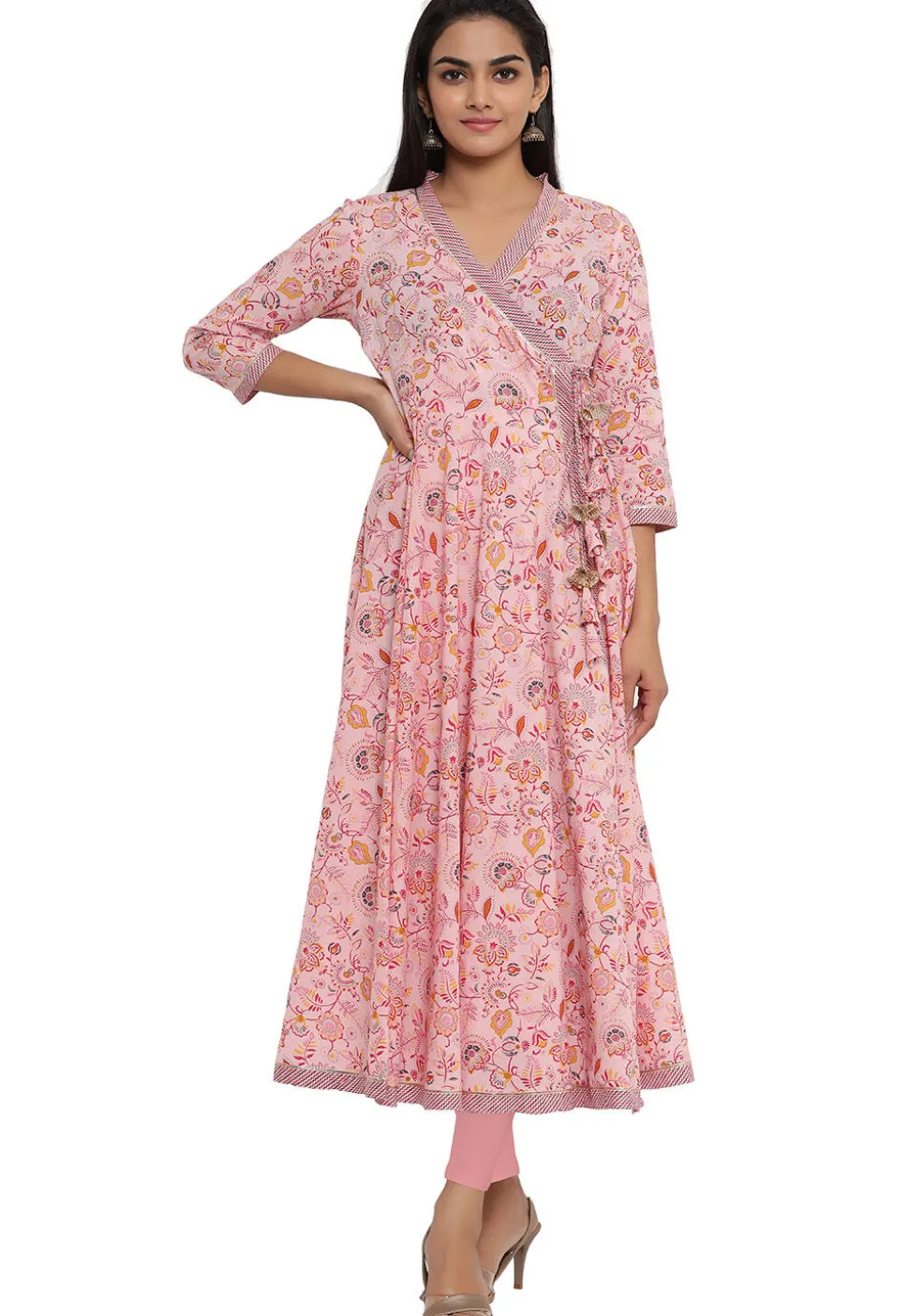 Printed Cotton Angrakha Style Anarkali Kurta in Light Pink