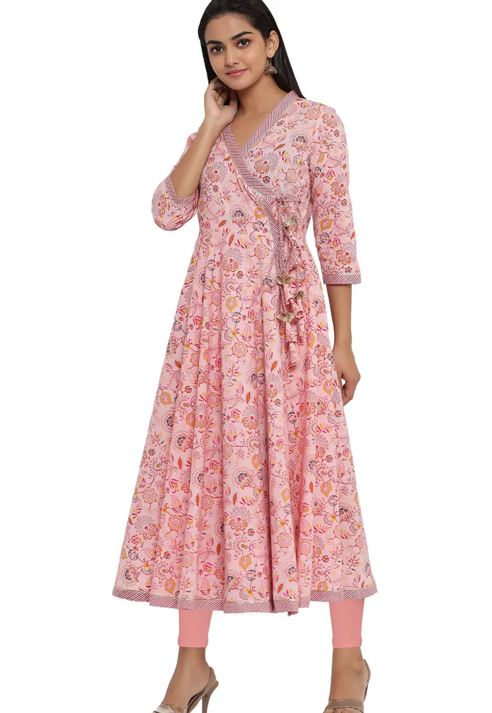 Printed Cotton Angrakha Style Anarkali Kurta in Light Pink