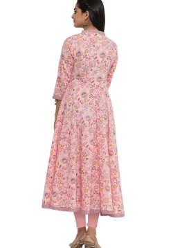 Printed Cotton Angrakha Style Anarkali Kurta in Light Pink