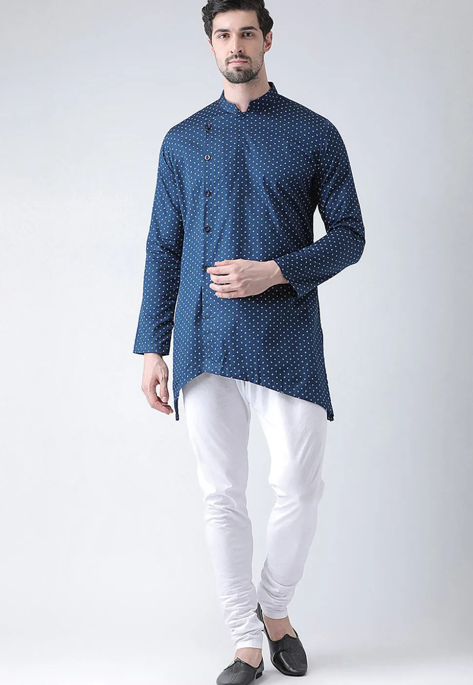 Printed Cotton Asymmetric Kurta Set in Navy Blue