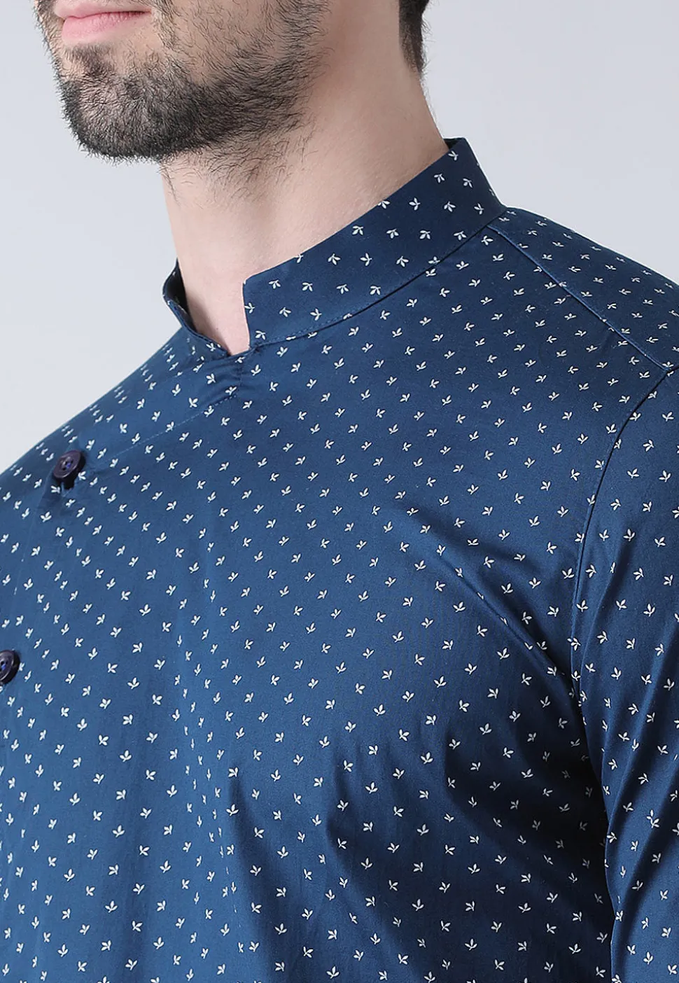 Printed Cotton Asymmetric Kurta Set in Navy Blue
