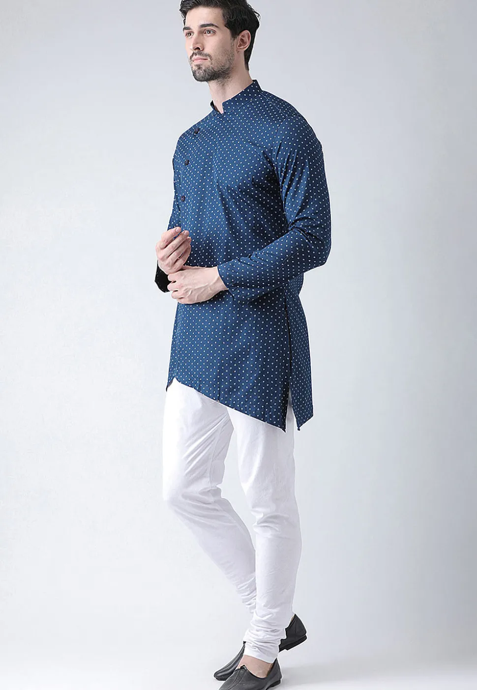Printed Cotton Asymmetric Kurta Set in Navy Blue
