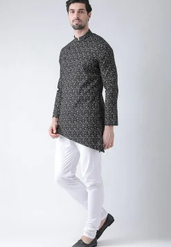 Printed Cotton Asymmetric Kurta Set in Black