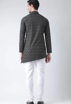 Printed Cotton Asymmetric Kurta Set in Black