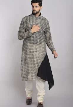 Printed Cotton Asymmetric Kurta in Grey and Black