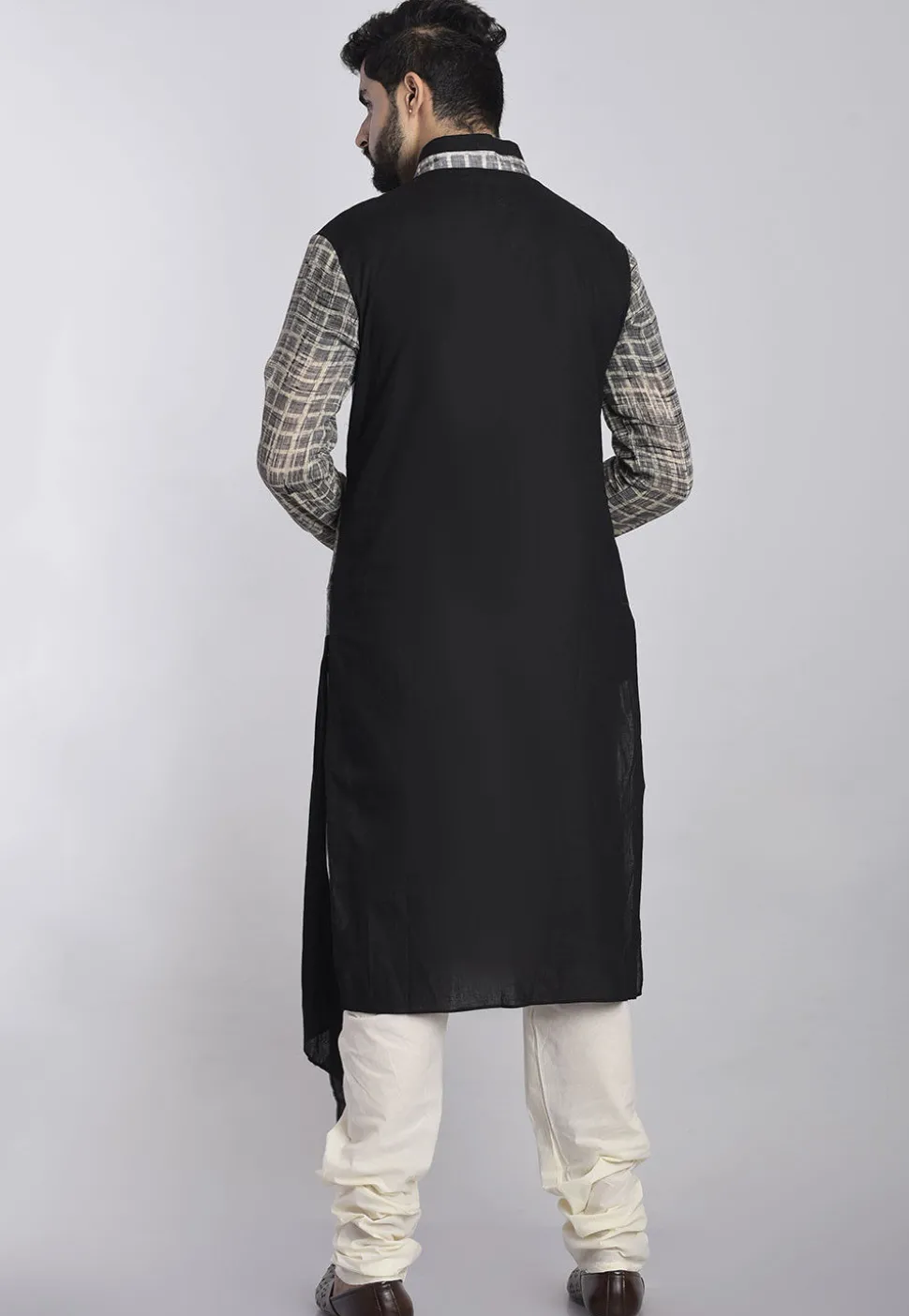 Printed Cotton Asymmetric Kurta in Grey and Black