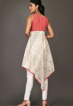 Printed Cotton Asymmetric Kurti in Light Beige