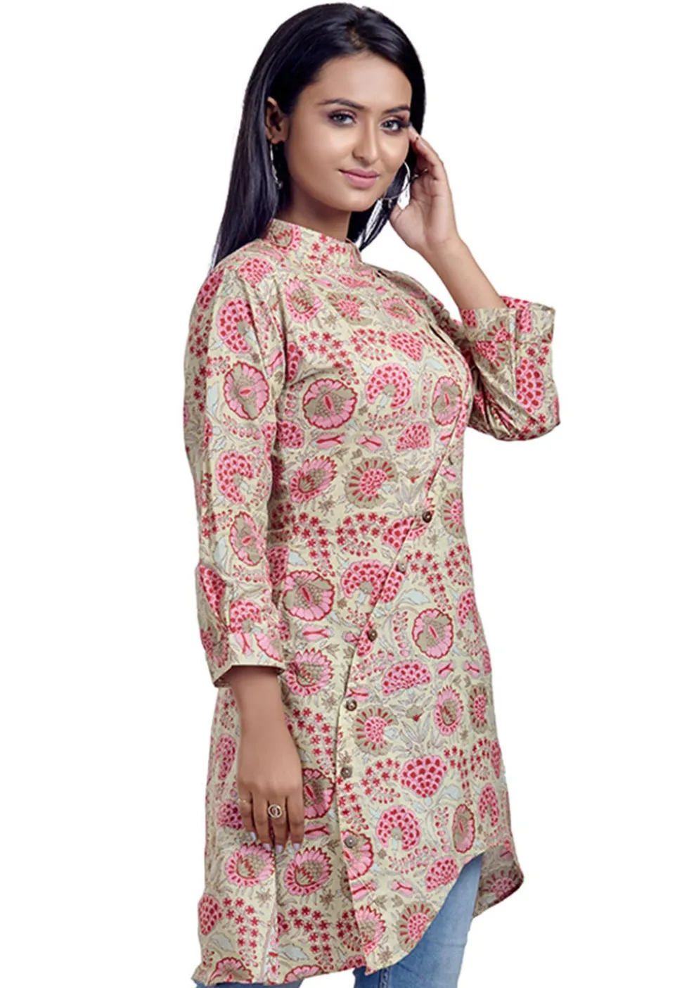 Printed Cotton Asymmetric Tunic in Light Fawn