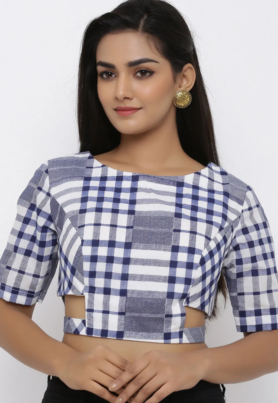 Printed Cotton Blouse in White and Blue
