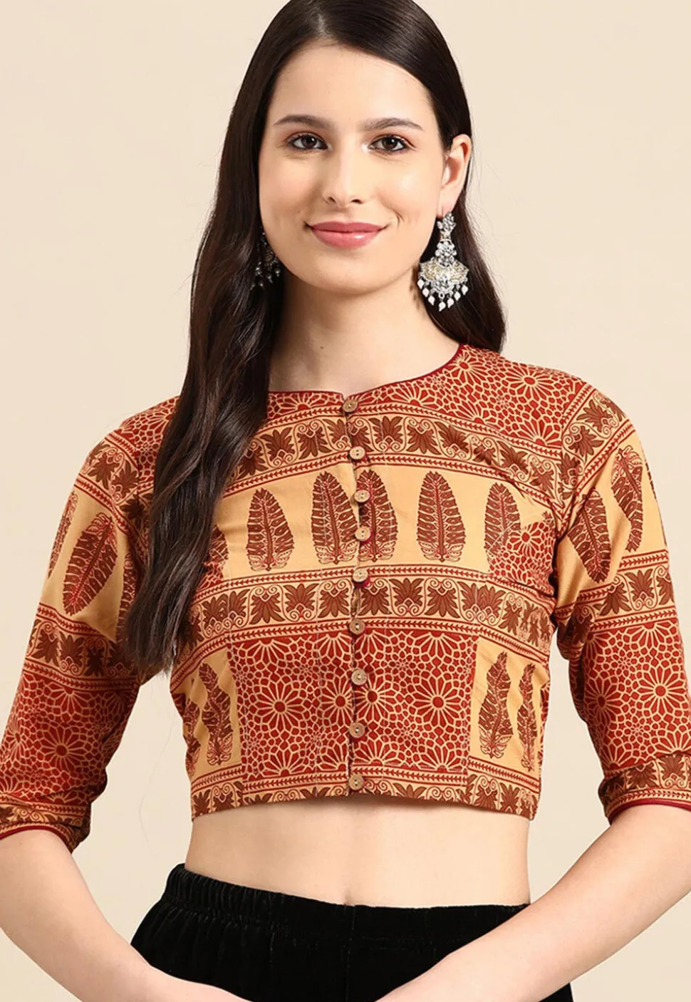 Printed Cotton Blouse in Beige