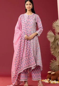 Printed Cotton Cambric Aline Suit in Pink