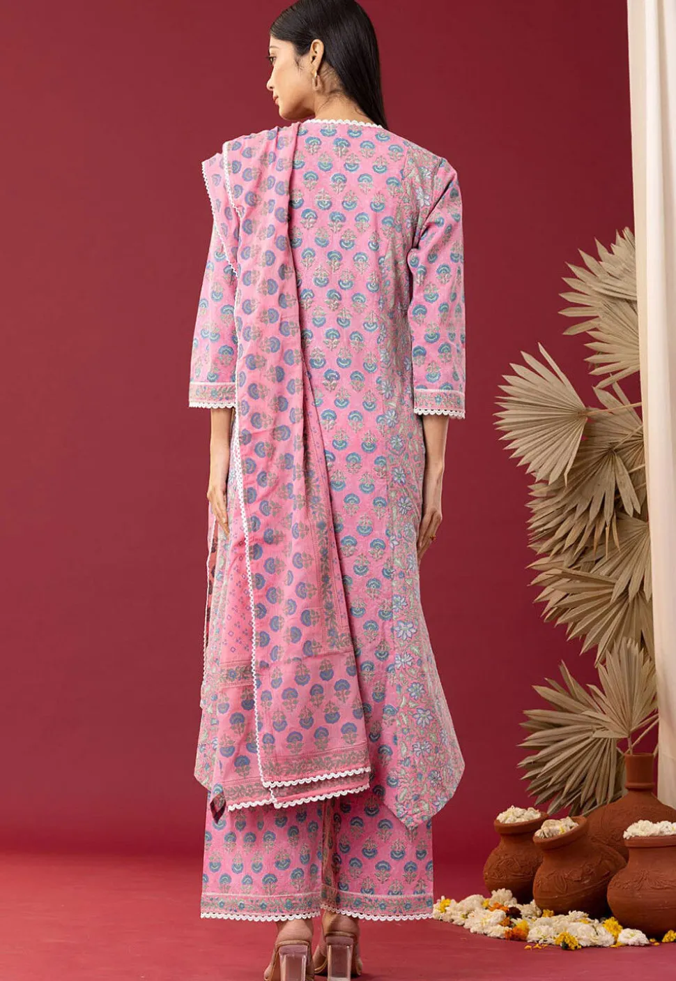 Printed Cotton Cambric Aline Suit in Pink
