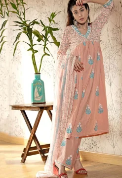 Printed Cotton Cambric Aline Suit in Light Peach