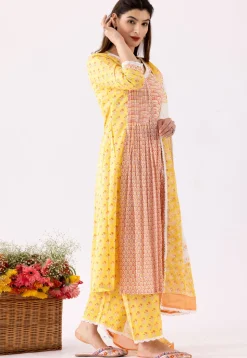 Printed Cotton Cambric Aline Suit in Orange and Yellow