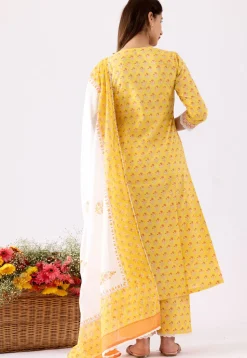 Printed Cotton Cambric Aline Suit in Orange and Yellow