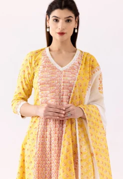 Printed Cotton Cambric Aline Suit in Orange and Yellow